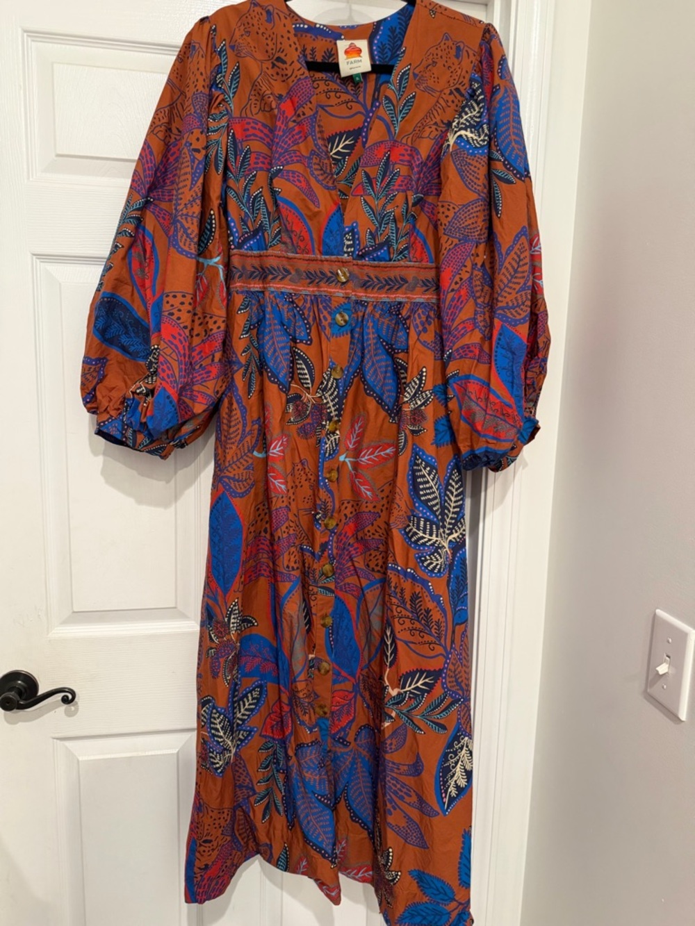 FARM Rio Burnt Orange Maxi Dress with Bold Blue Floral Print - Picture 5 of 5